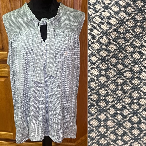 Ann Taylor LOFT Geometric Print Tie Neck Sleeveless Blouse Green & Ivory Size XL - Picture 1 of 16
